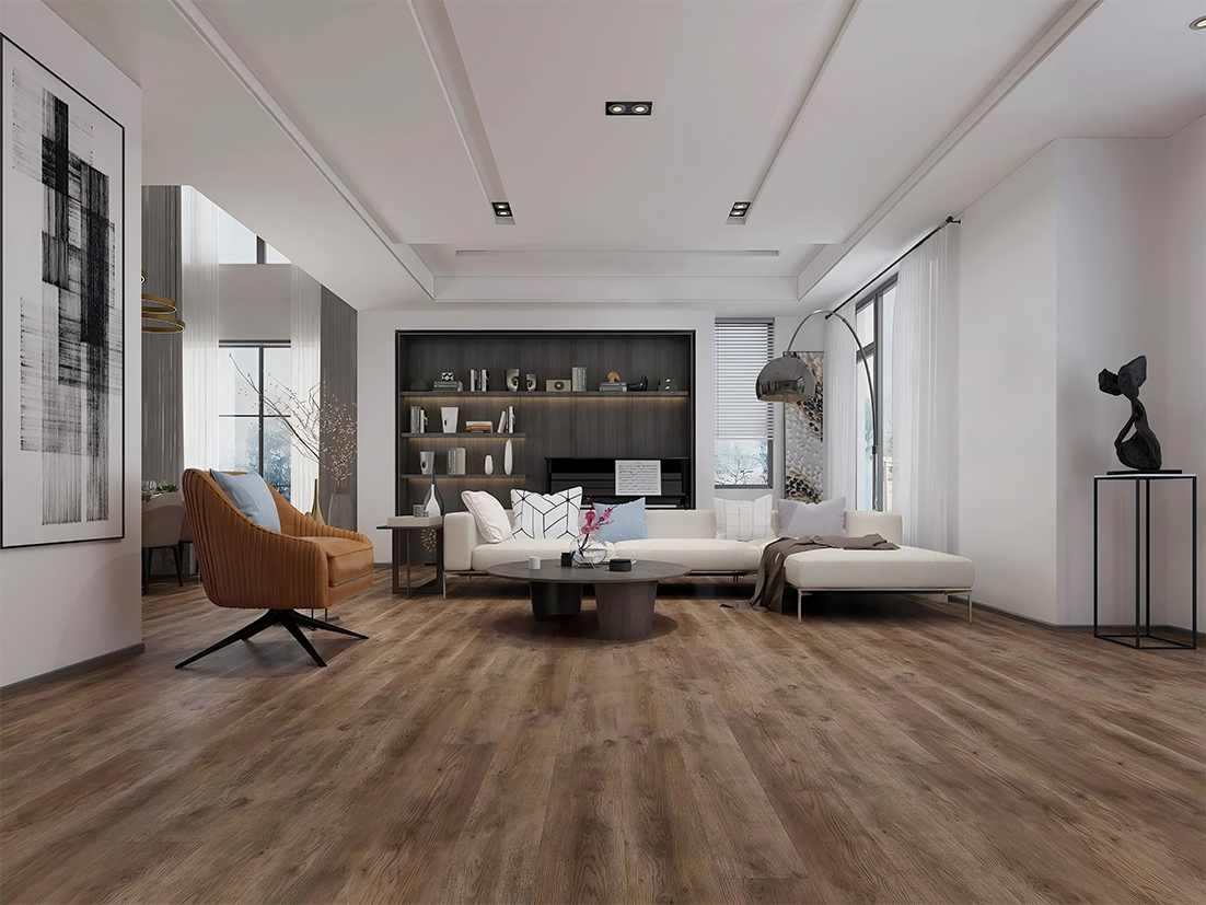 Modern kitchen and living room with wood flooring