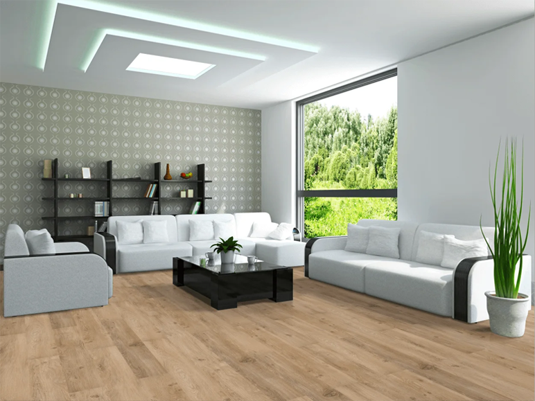 SPC flooring in a light living room